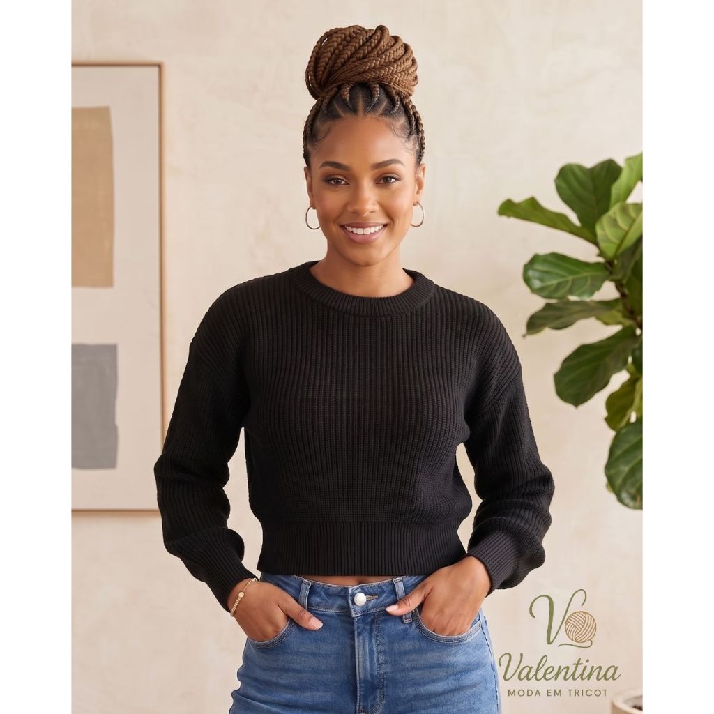 Cropped Feminino Tricot Blusa de Frio Gola Redonda Canelada Manga Longa Tricô Moda Inverno
