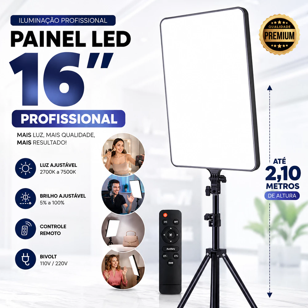Ring Light Iluminador Led Retangular 16 Polegadas Profissional Foto Celular Tripé de 2m