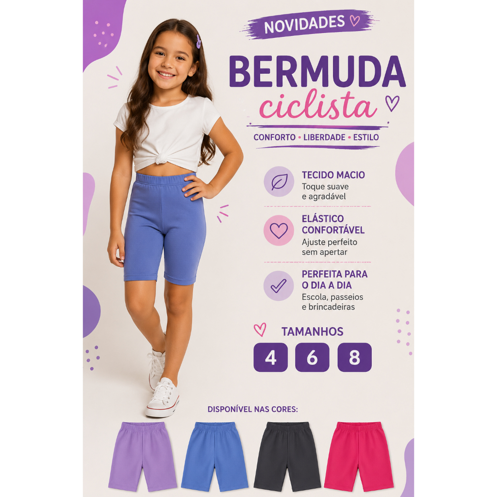 Bermuda Ciclista Infantil Feminina Algodão Confortável Tamanhos 4 6 8