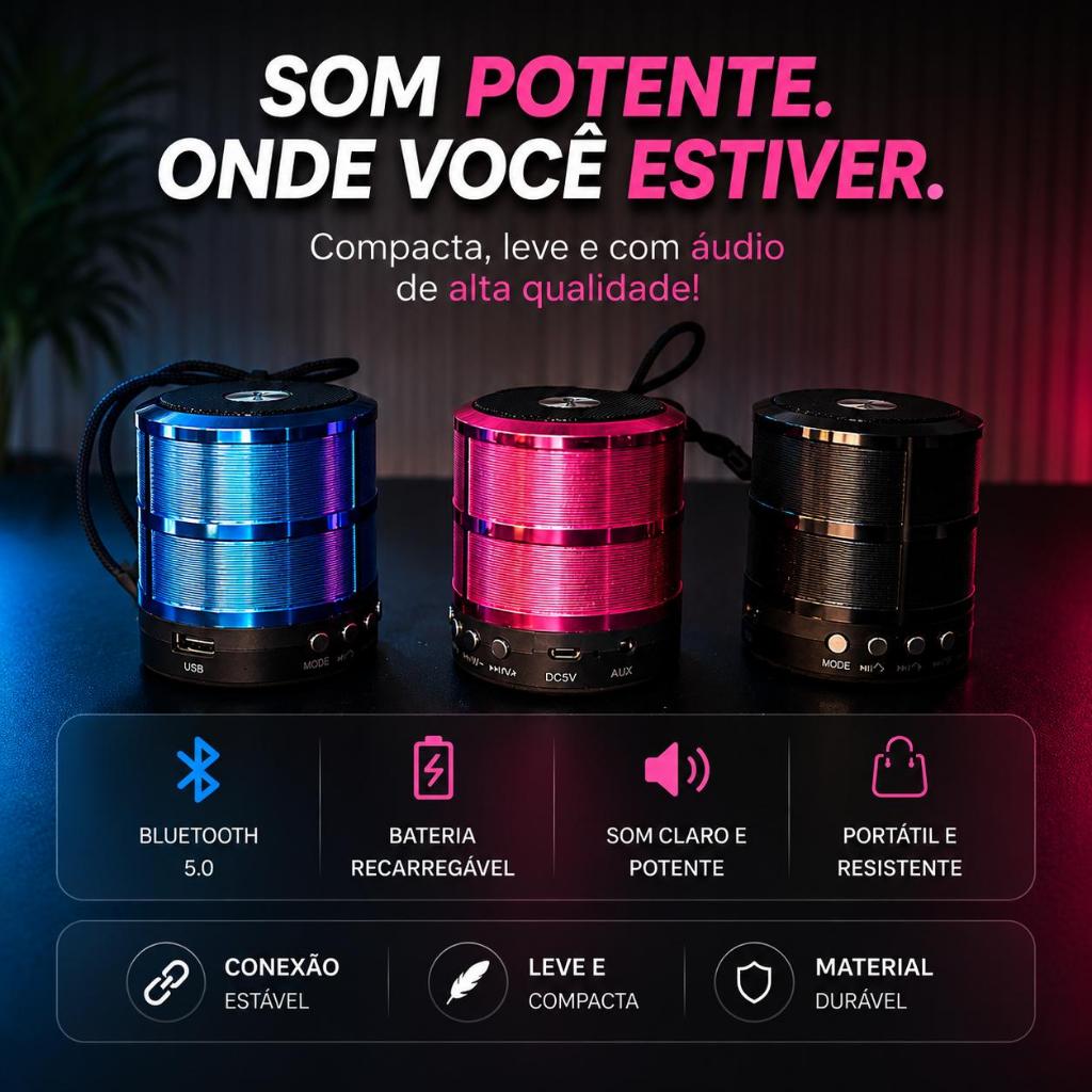Caixa de Som Bluetooth Portátil 5.0 Mini Speaker Som 360° USB Cartão TF Rádio FM Aux Recarregável 10W