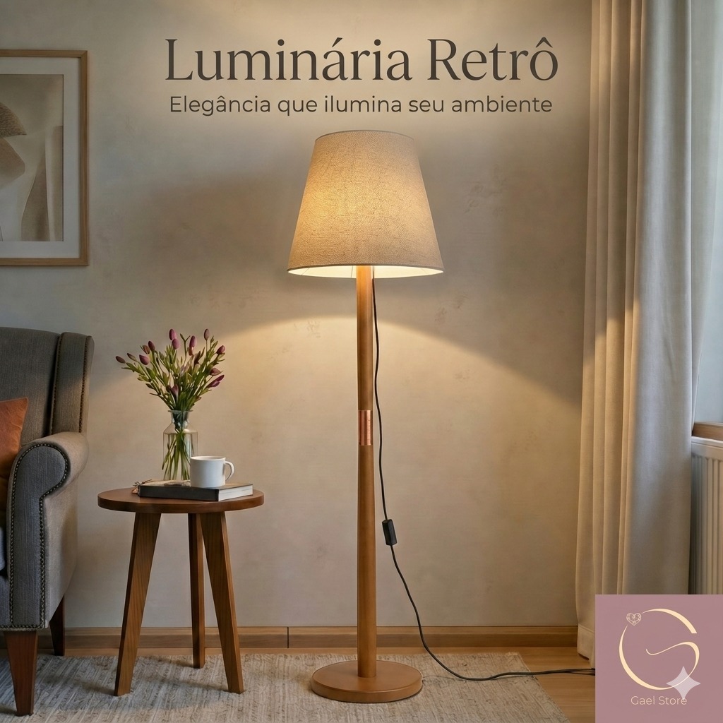 Luminária de Chão Retrô Madeira Maciça 164cm Abajur de Piso Cúpula Tecido Palha Sala Quarto Decorativa