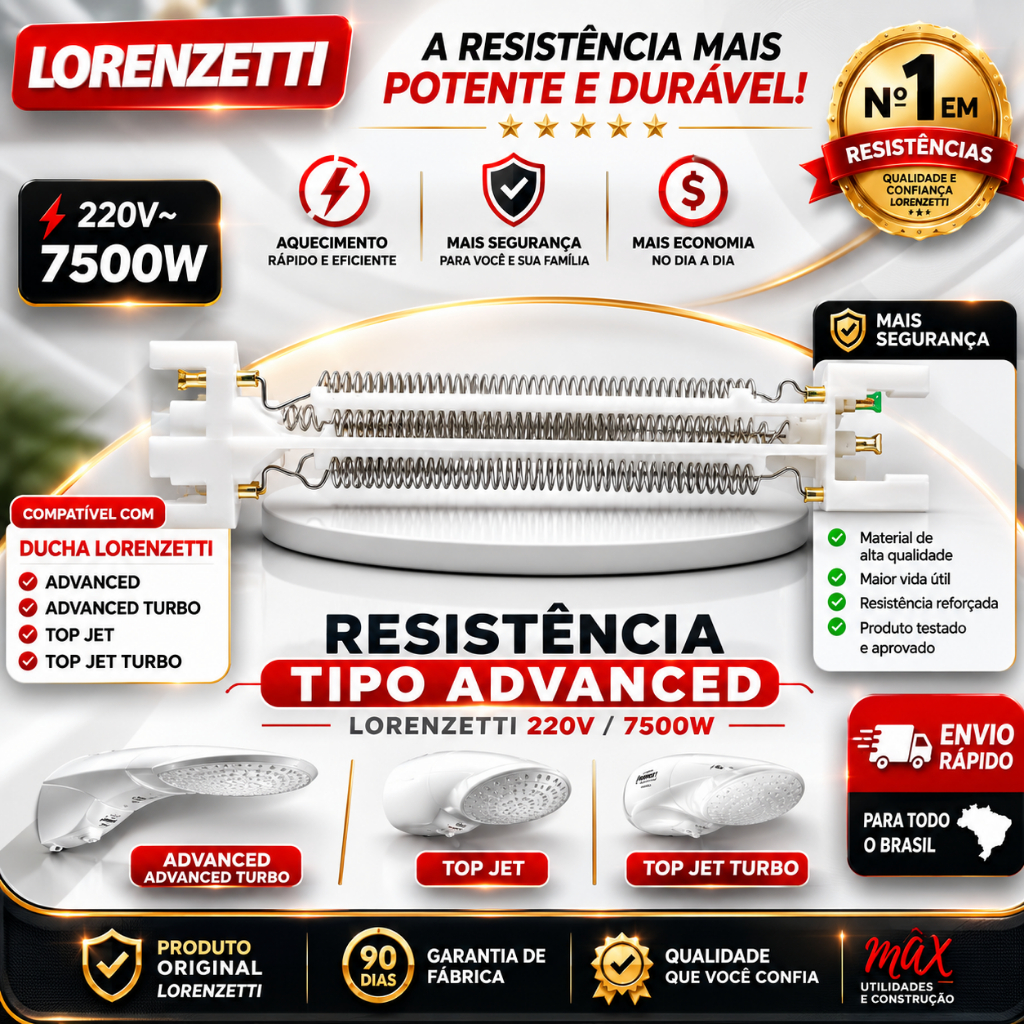 Resistência para Chuveiro Lorenzetti 220V (7500W) – Modelos: Advanced, Advanced Turbo, Top Jet