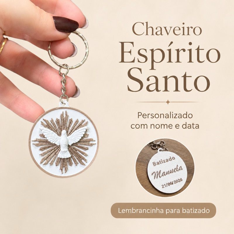 Chaveiro Espírito Santo Personalizado Batizado Lembrancinha Nome e Data Presente Religioso