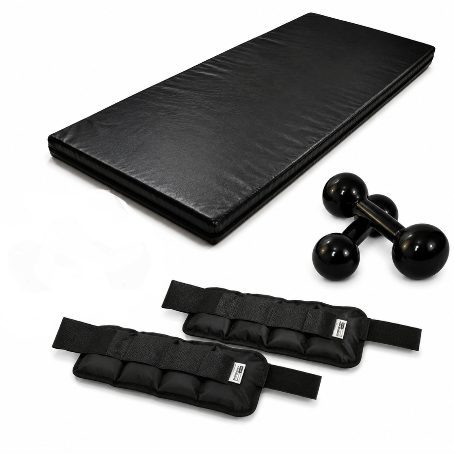 Kit Fitness Treino em Casa com Colchonete Academia 90x40x3+ Par de Halteres Bola Emborrachado 4kg + Par de Caneleira 4kg