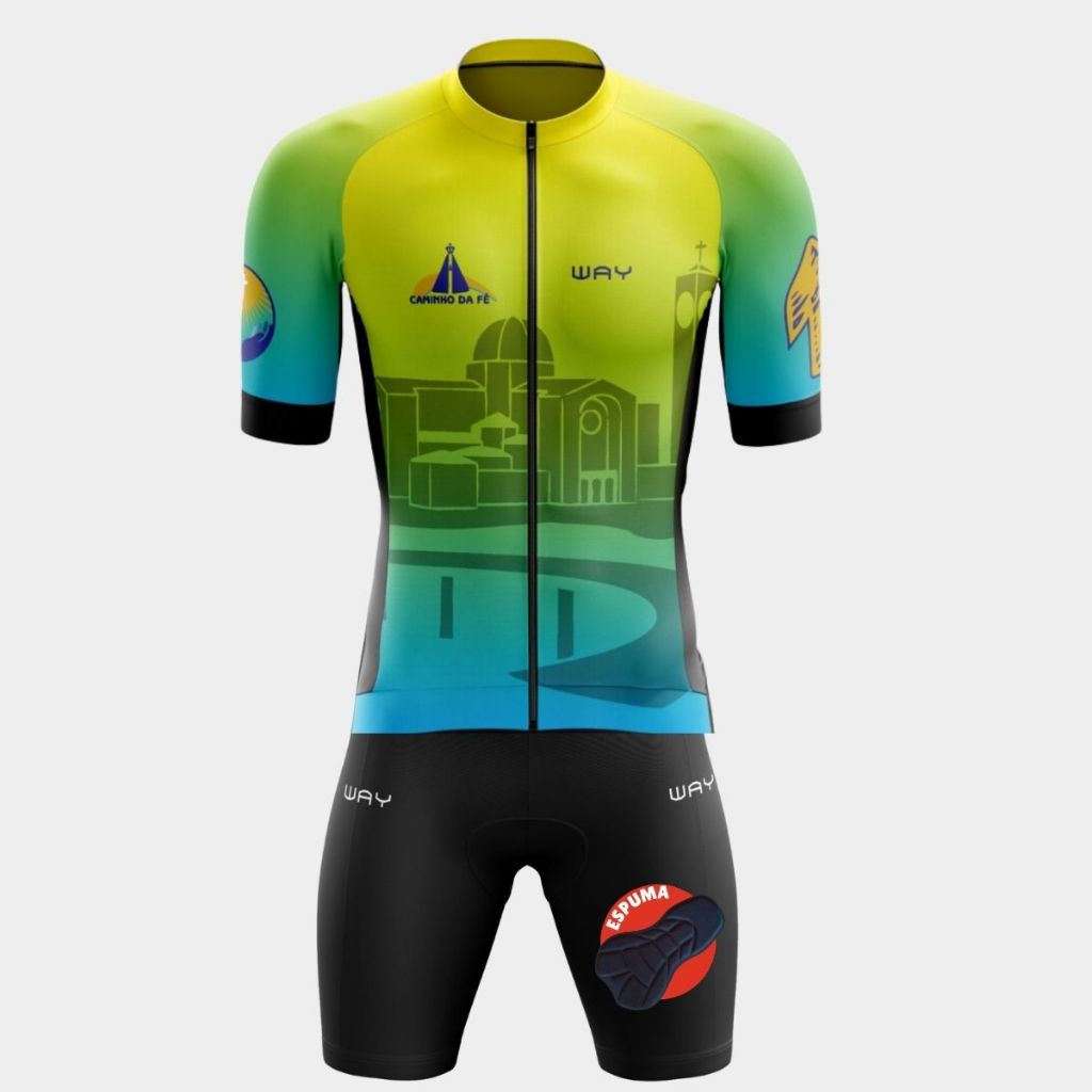 Conjunto de Ciclismo Masculino Camisa Caminho da Fé Premium Bermuda Gel Roupa de Pedal