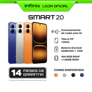 Smartphone Infinix Smart 20 128GB 4+4GB RAM IA Cancelamento de Ruído Tela 6,78" 120Hz Bateria 5200mAh IP64