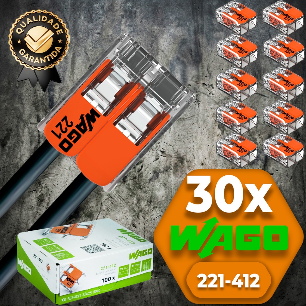 Conector de Fio Elétrico Wago 221-412 Conector Wago Emenda 4mm² 32A Conexão Automática Kit 30 peças