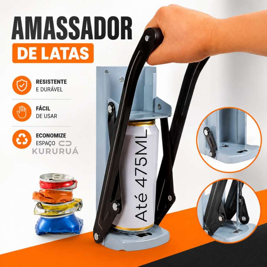 Amassador De Latas 475ml Compactador Abridor De Garrafas Para Reciclagem Cerveja Guarana Latinha Marca Kururuá