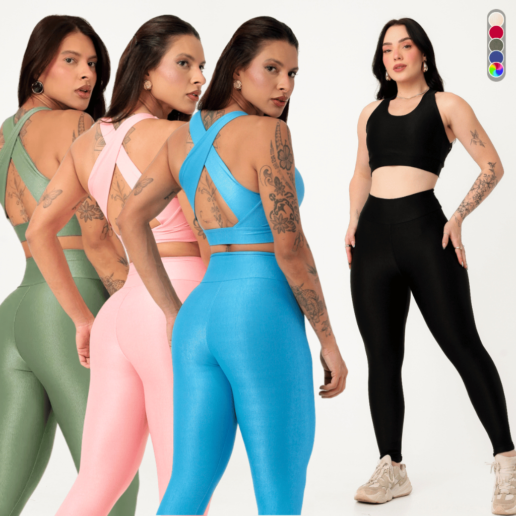 Conjunto Fitness Canelado Poliamida Calça Legging Top Feminino Zero Transparência Roupa Academia