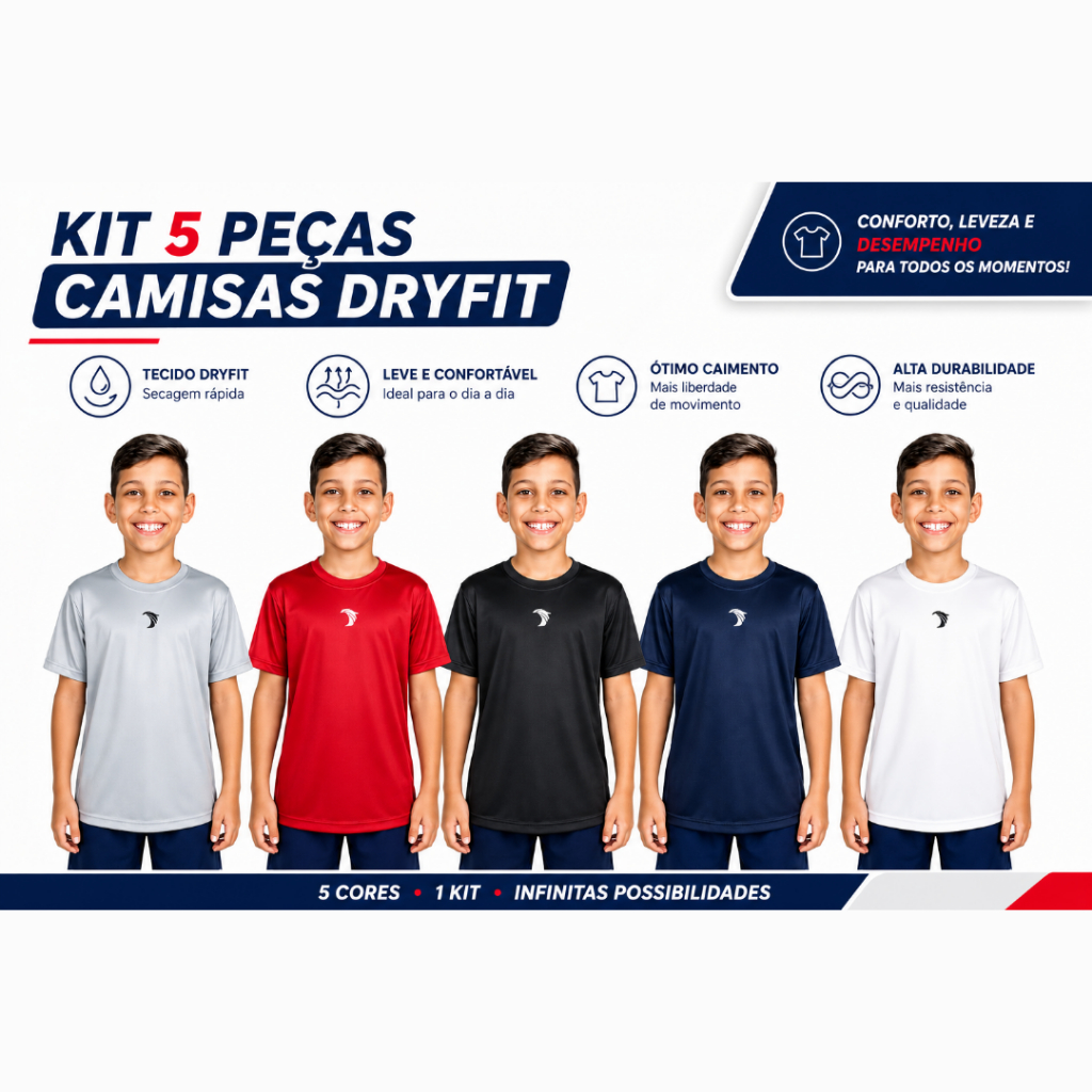 Kit Com 5 Camisetas Infantil Juvenil Tecido Dry Fit