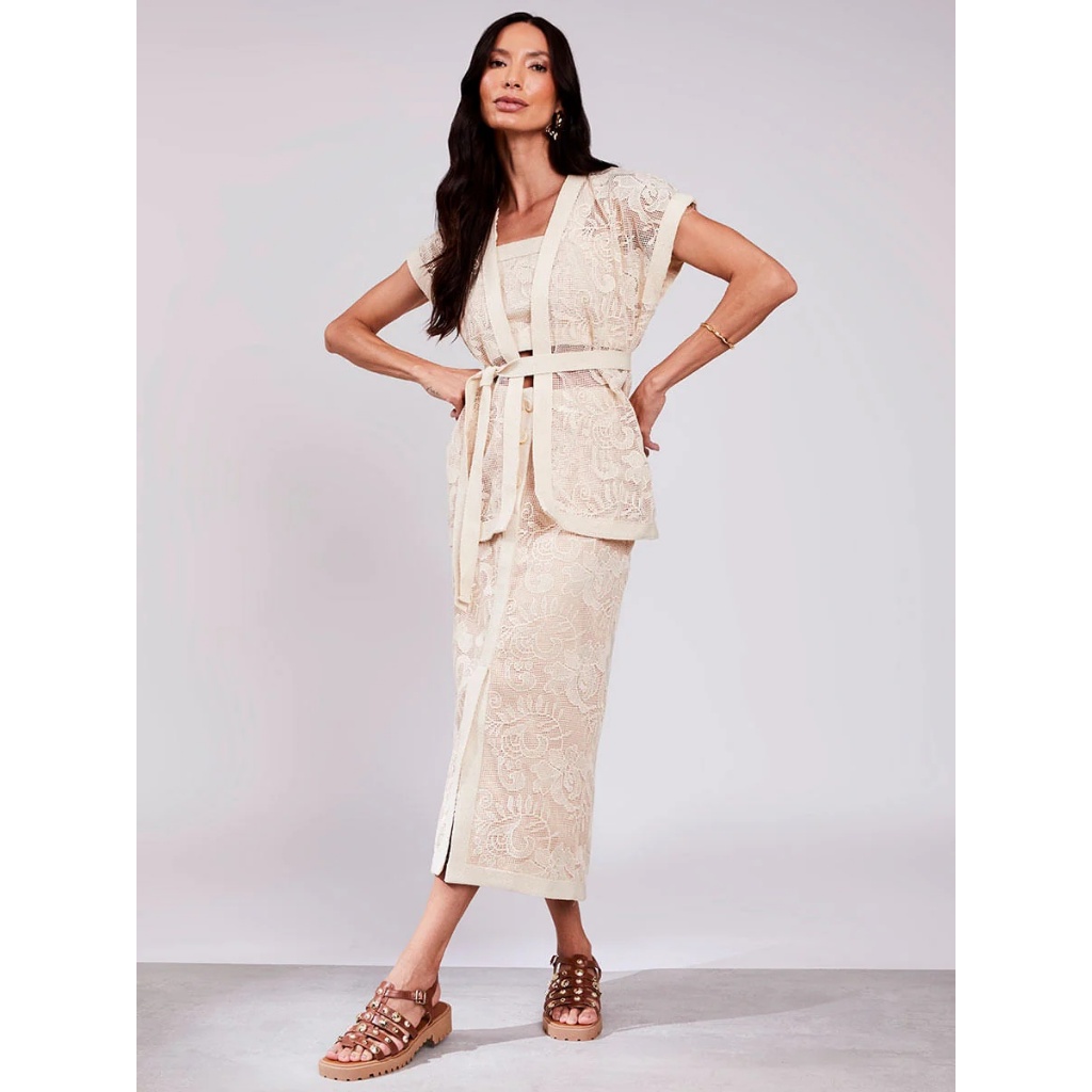 Conjunto Feminino 3 Peças Linho Trama Natural Areia Elegante Casual Top Saia Kimono Verão Vértice