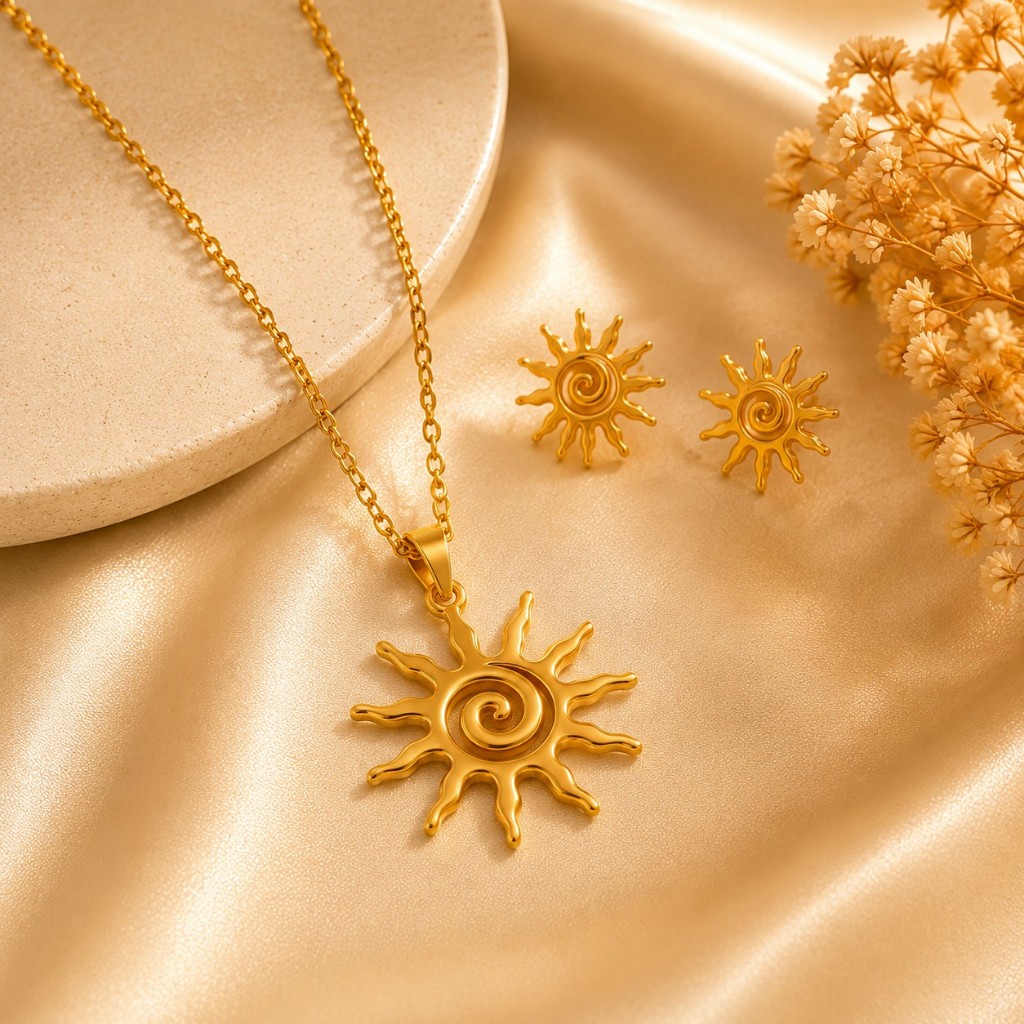 Conjunto Colar e Brincos Sol Dourado Feminino Aço Inoxidável Antialérgico