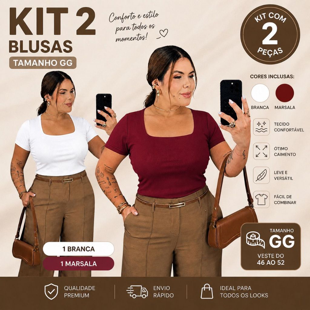 Kit 2 Blusas Femininas GG Plus Size Ribana Canelada Básica Confortável 46 ao 52 Casual Versátil