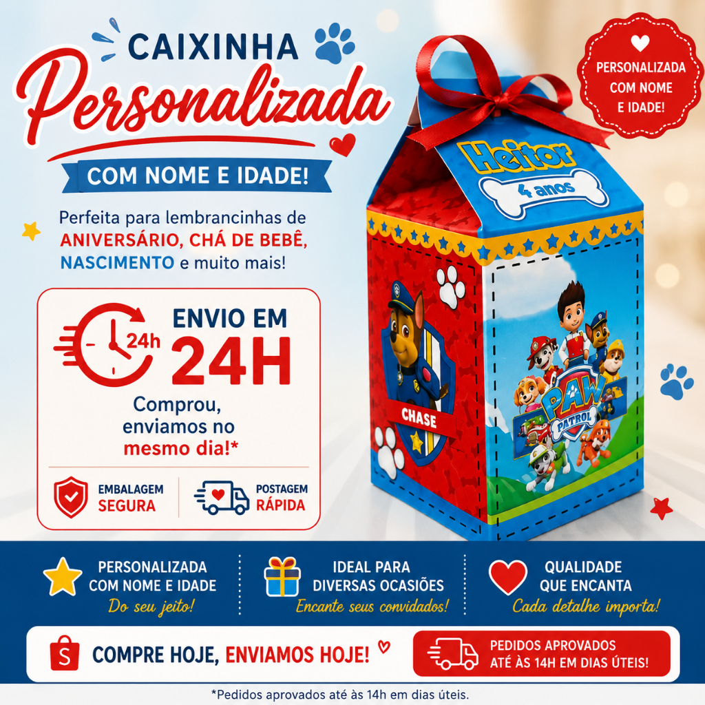Kit 20/25/30 Caixinhas Milk Personalizada Patrulha Pet