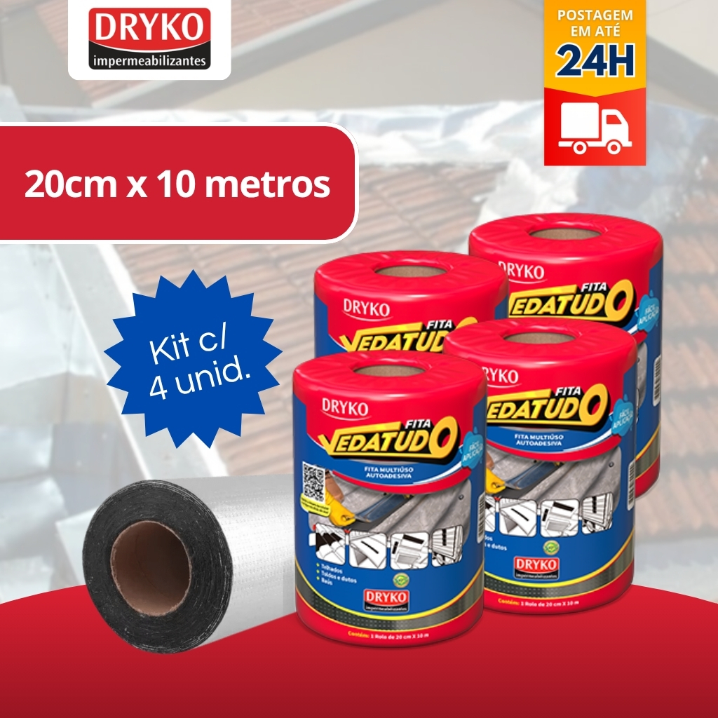 Manta Asfáltica 20cm x 10m - Fita Auto Adesiva Aluminizada p/ Telhado DRYKO Kit