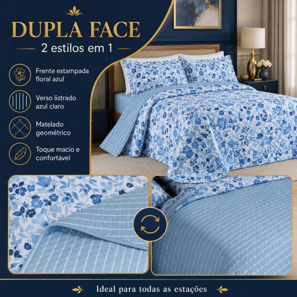 Cobre Leito Casal Dupla Face 400 Fios Afeto Colcha Cama Estampada e Porta Travesseiros 100% Poliéster