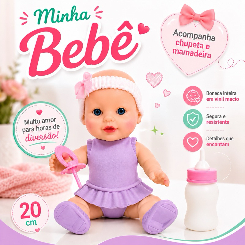 Boneca Bebê Inteira em Vinil Lilás Macio 20cm com Chupeta e Mamadeira Infantil Brinquedo Educativo Presente para Meninas