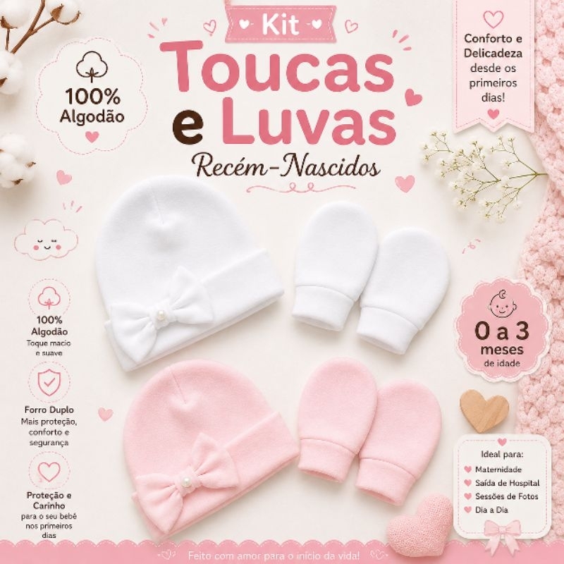 Kit 2 Toucas + 2 Pares de Luvas Bebê 100% Algodão Antialérgico Saída Maternidade.