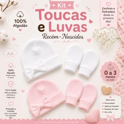 Kit 2 Toucas + 2 Pares de Luvas Bebê 100% Algodão Antialérgico Saída Maternidade.