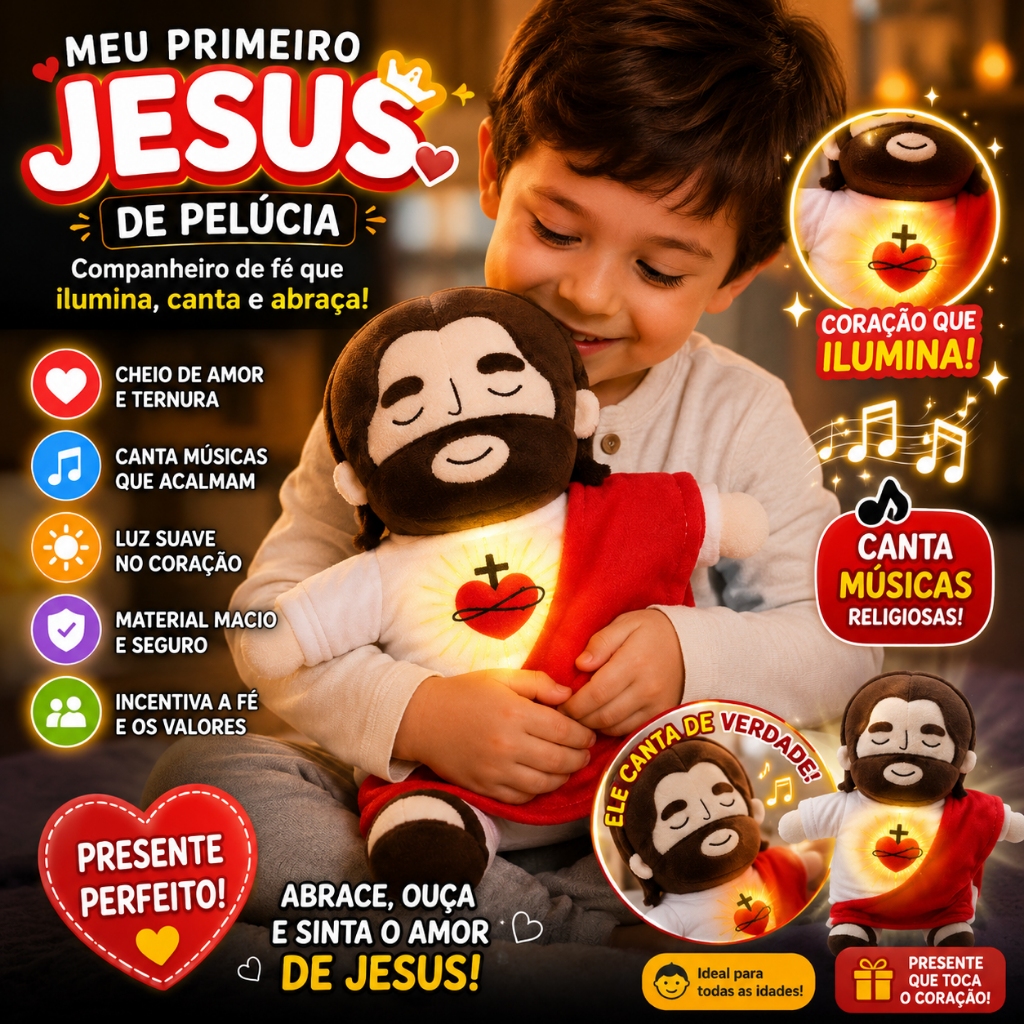 Boneco Jesus 38cm Que Respira Canta e Ilumina Pelúcia para Dormir e Acalmar