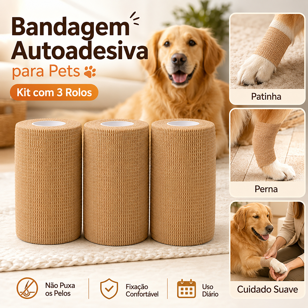 Atadura Elástica Coesiva Autoaderente 3 Rolos 10cm x 4,5m Uso Esportivo Pet