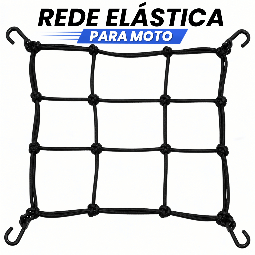 Rede Elástica Aranha Moto 35x35 Bagageiro Capacete 4 Ganchos Reforçados Preta