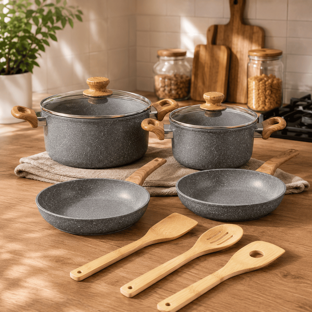 Kit 4 Panelas e 3 Utensílios Cozinha Frigideira Caçarola Antiaderente Concha Escumadeira Colher Madeira Cor Sortida