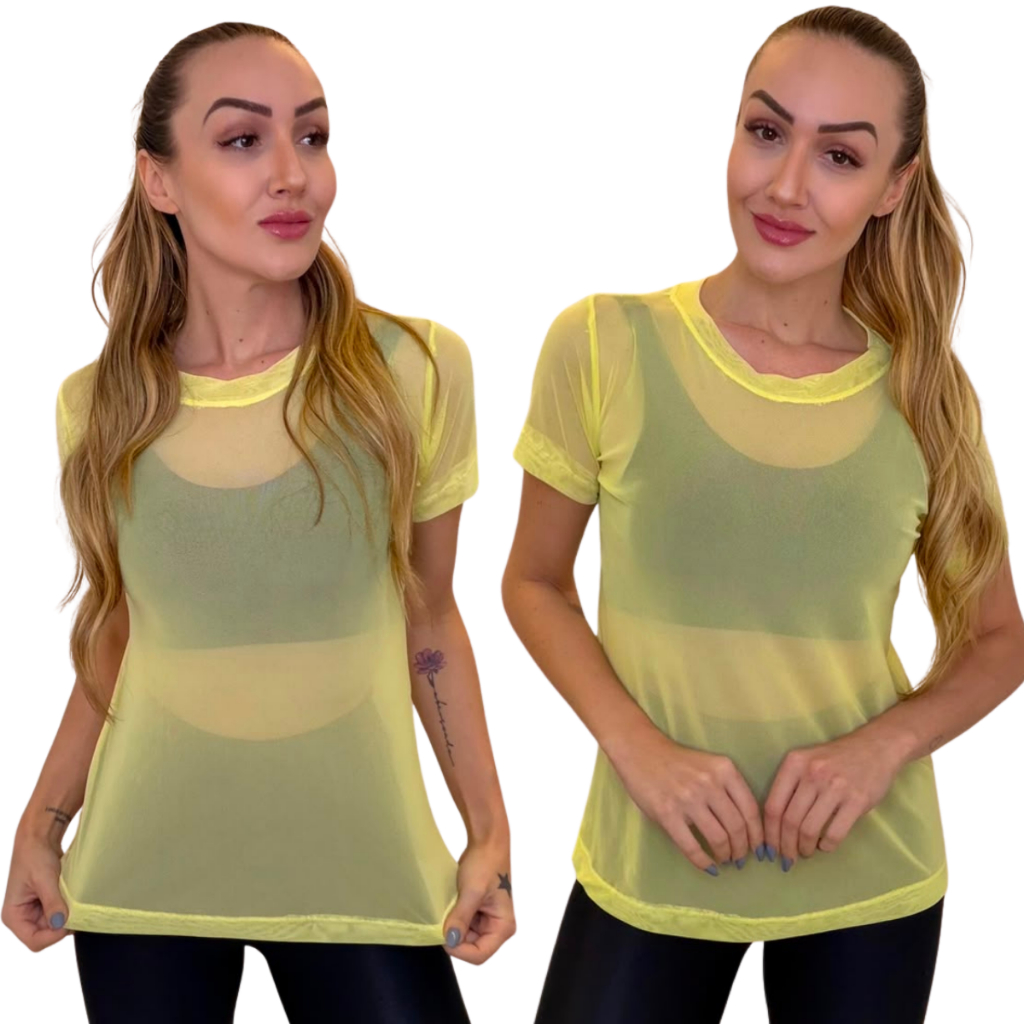 Blusa Feminina Tule Fitness Camisão Fitness Transparente De Academia