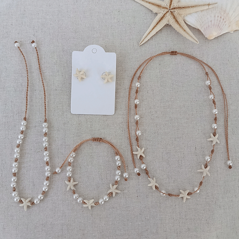 Kit 4 peças Colar Tornozeleira Pulseira e Brinco de estrelas e pérolas moda praia verão choker regulável