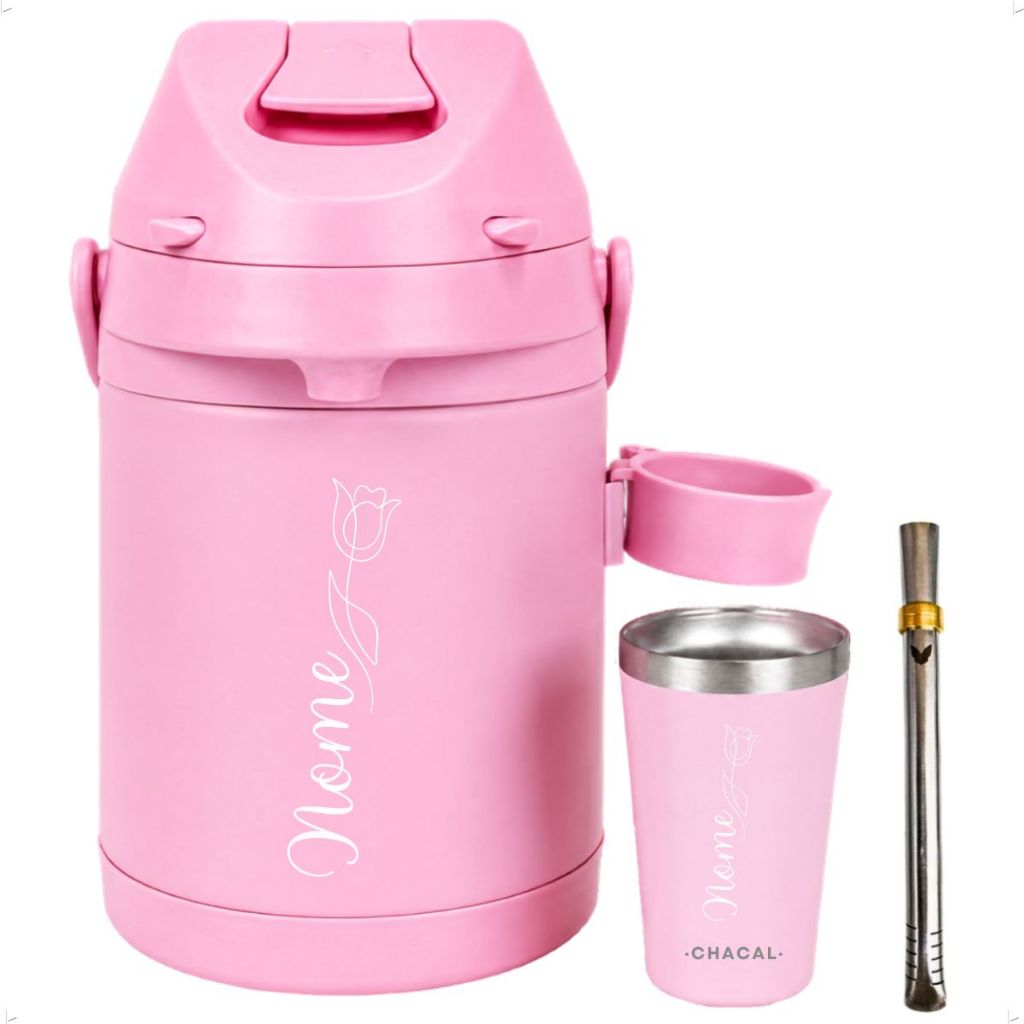 Kit Terere Chacal Garrafa Térmica Inox 2,5 Litros Suporte Copo Térmico 200ml Bomba Chacal Seu Nome Tulipa — imagem 2 de 2