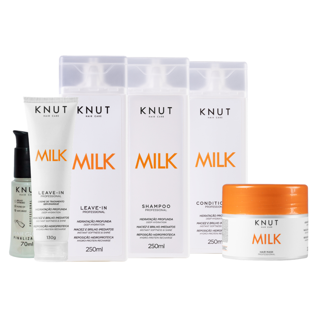 Kit KNUT MILK: Shampoo 250ml + Condicionador 250ml + Máscara + Leave-in + Hair Gloss + Leave-in Creme