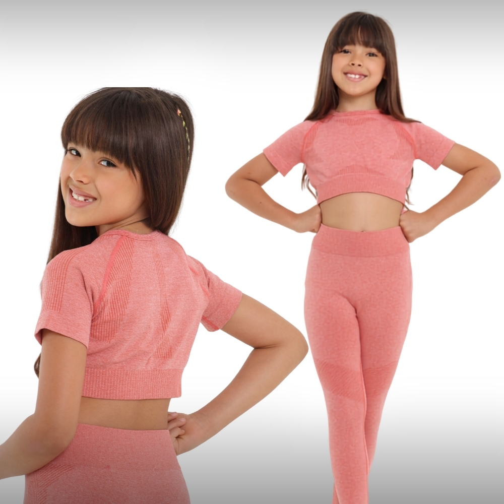 Conjunto Infantil Fitness Feminino Legging Cintura Alta Cropped Academia Dança Ginástica Manga Curta Confortavel