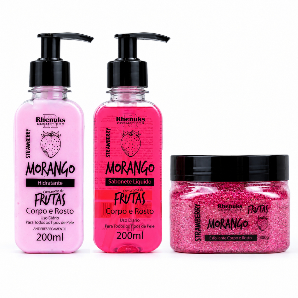 Kit Cuidado Corpo E Rosto: Hidratante, Sabonete, Esfoliante 300g Aroma Morango