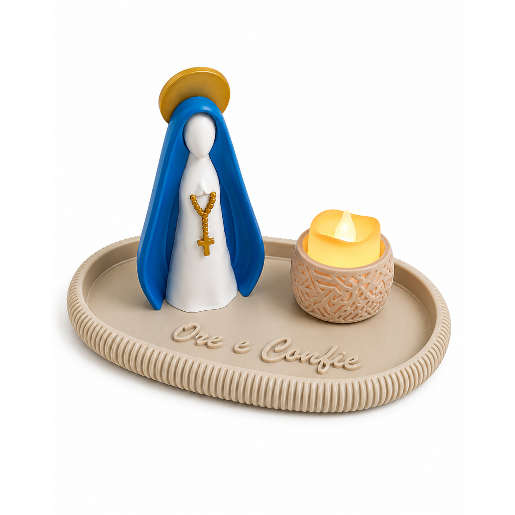 Decoração Religiosa Nossa Senhora Aparecida Com Bandeja E Vela LED Para Sala E Quarto