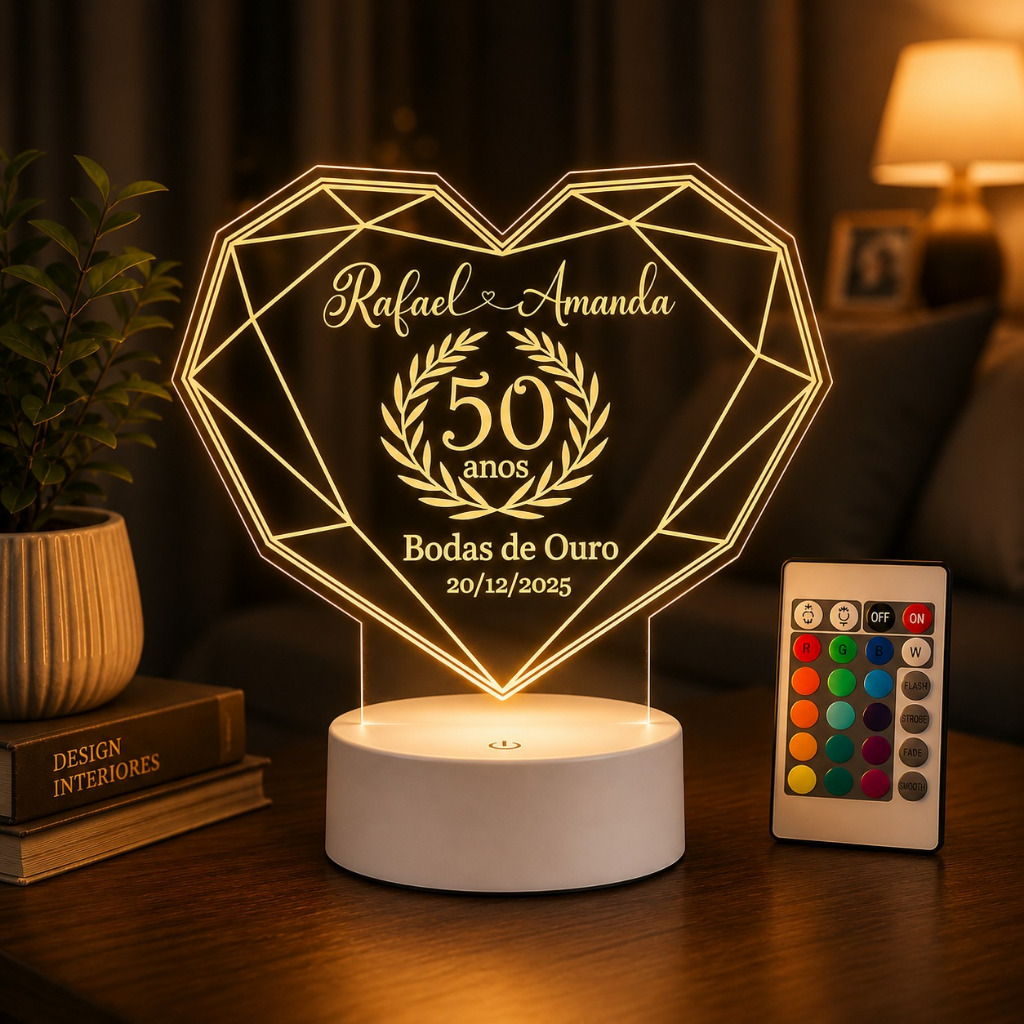 Luminária LED 3D Personalizada Presente Bodas de Ouro Prata