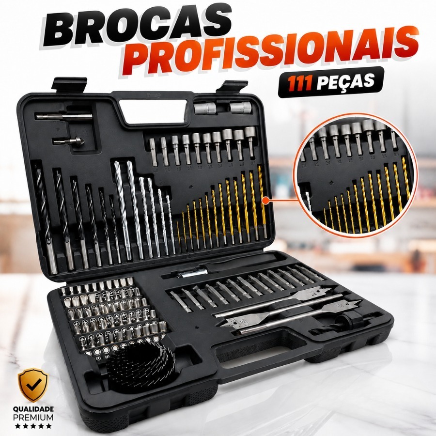 Kit Brocas Profissional 111 Peças Com Bits Soquetes Brocas Chatas e Serras Copo