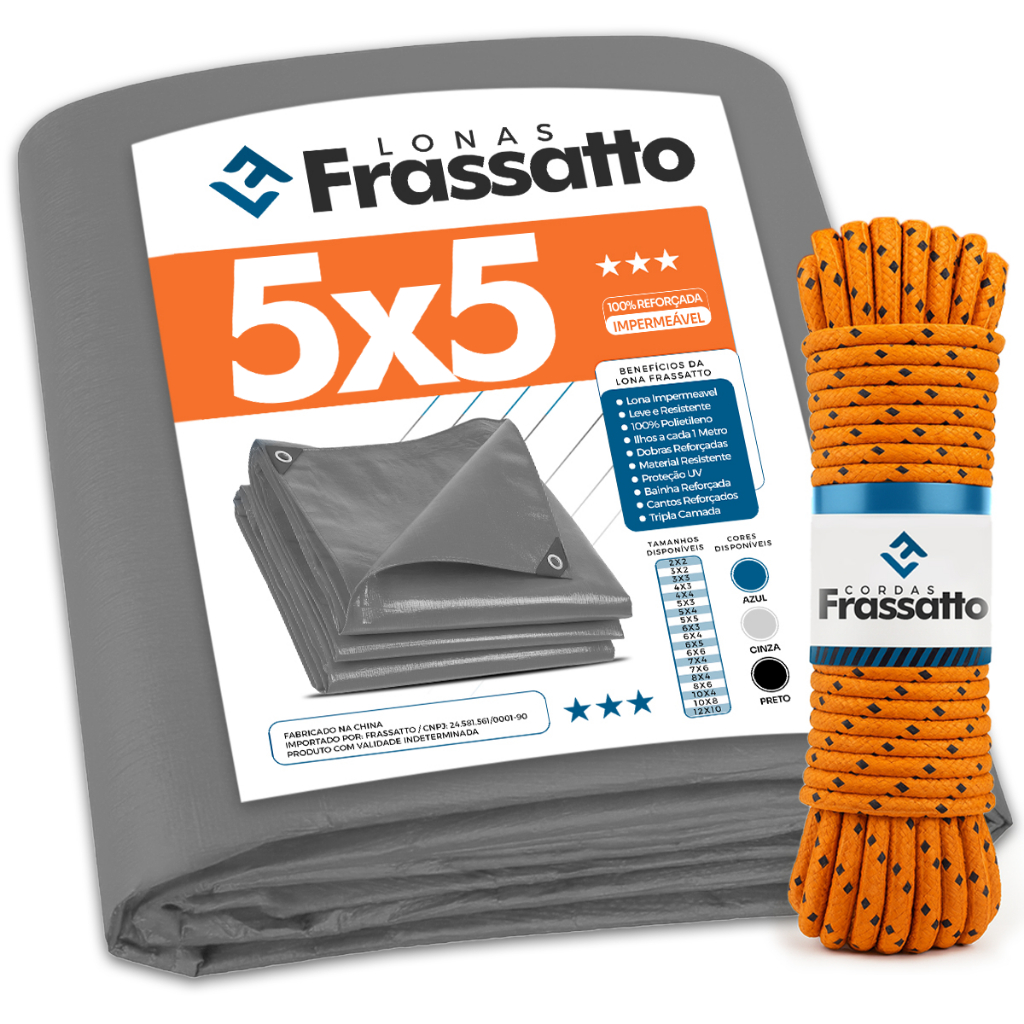Lona Impermeavel 5x5 Metros Cinza Reforçada Multiuso Piscina Proteção Uv Com Ilhós Frassatto + Corda