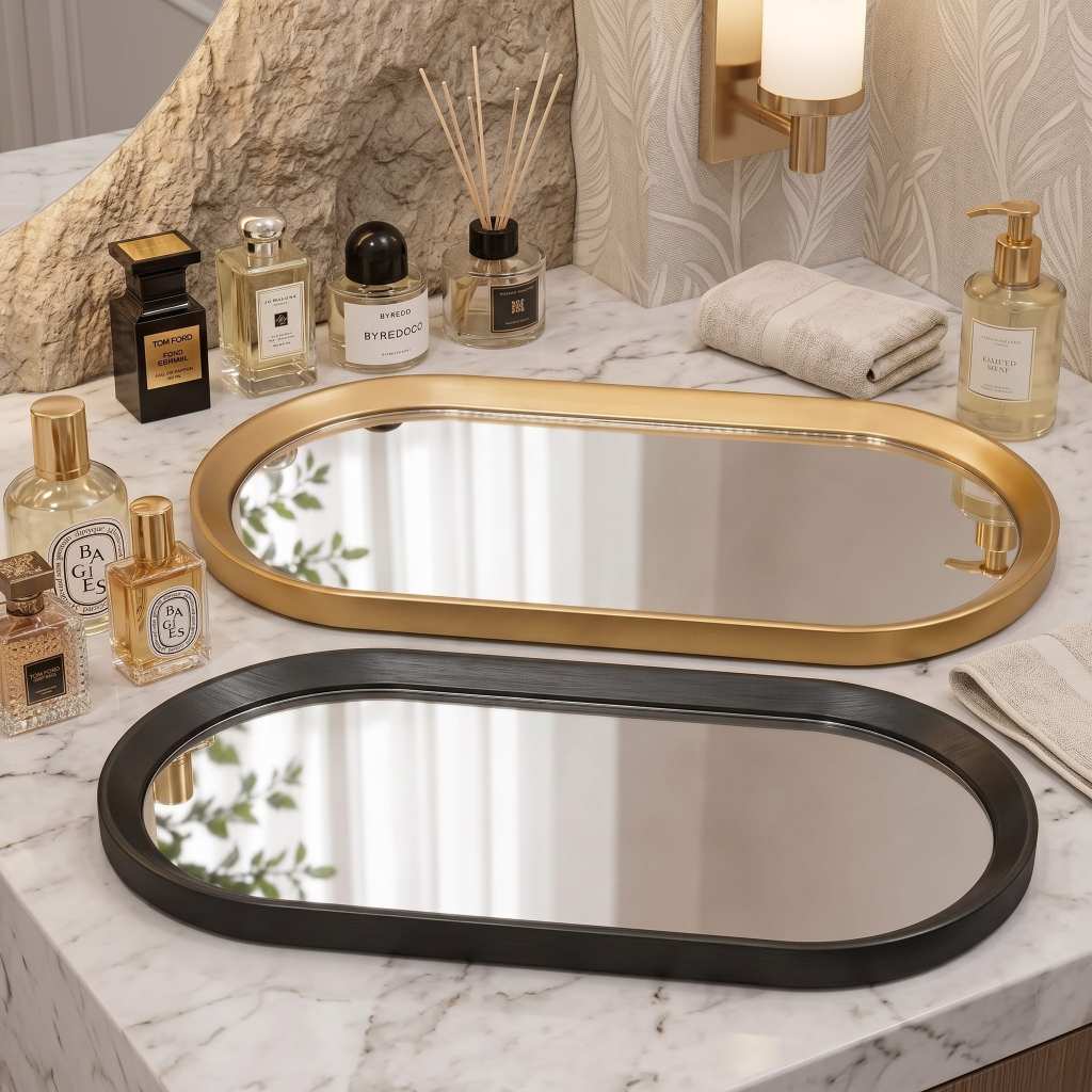 Kit 2 Bandejas Espelhadas Luxuosa Dourada Preta Decorativas Porta Maquiagem Lavabo ENVIO IMEDIATO
