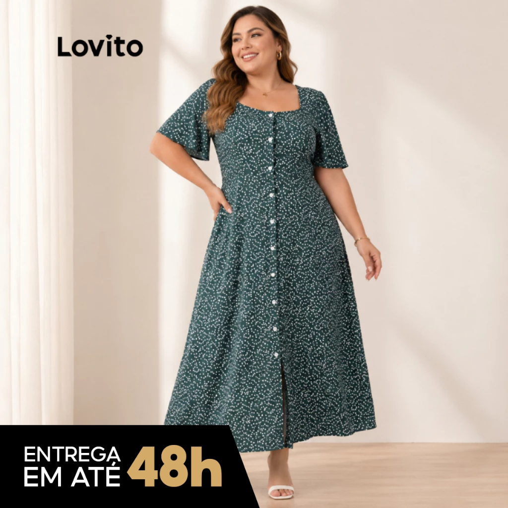 Lovito Vestido Feminino Plus Size Botões Frente DRB172BRL201