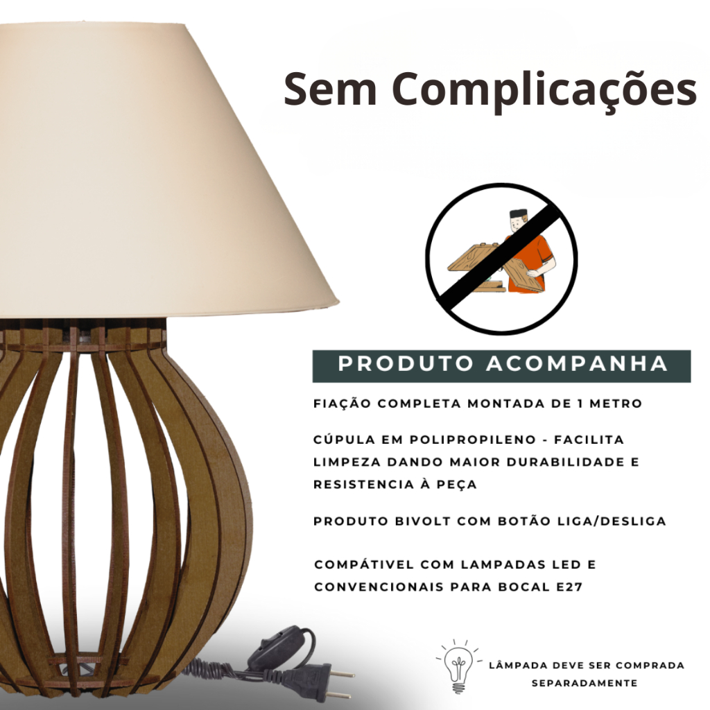 Abajur Clássico de Mesa em Madeira MDF Bivolt para Sala — foto 5