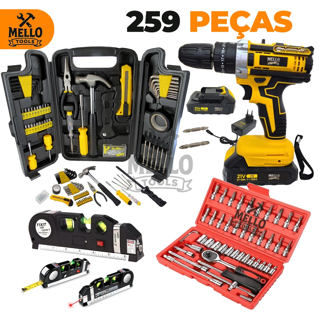 Kit Jogo Ferramentas 259 Peças com Parafusadeira Furadeira 21V Sem Fio + Jogo Soquetes 46 + Nível Laser e Trena Mello