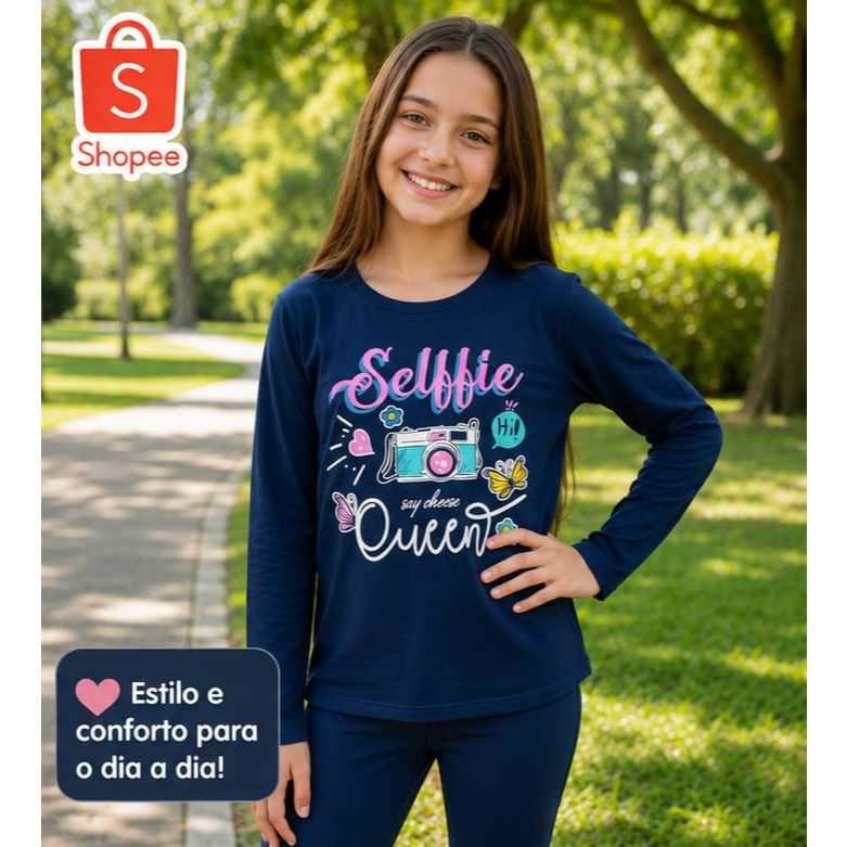 Conjunto Infantil Feminino Blusa Manga Longa Estampada Calça Legging Flanelada Azul Confortável