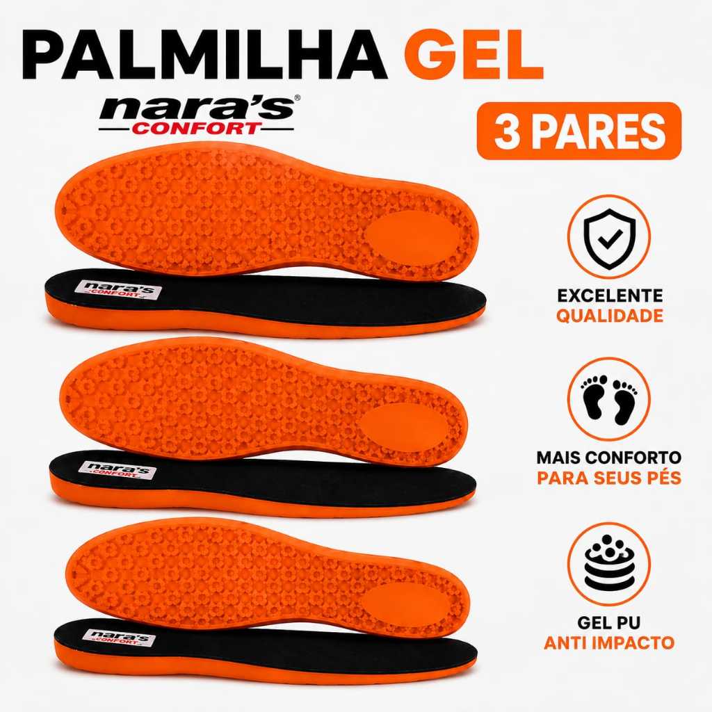 Palmilha Gel Anatômica Ortopédica Ant-Impacto Nara Para todos Calçados Tênis Bota Coturno Sapatos