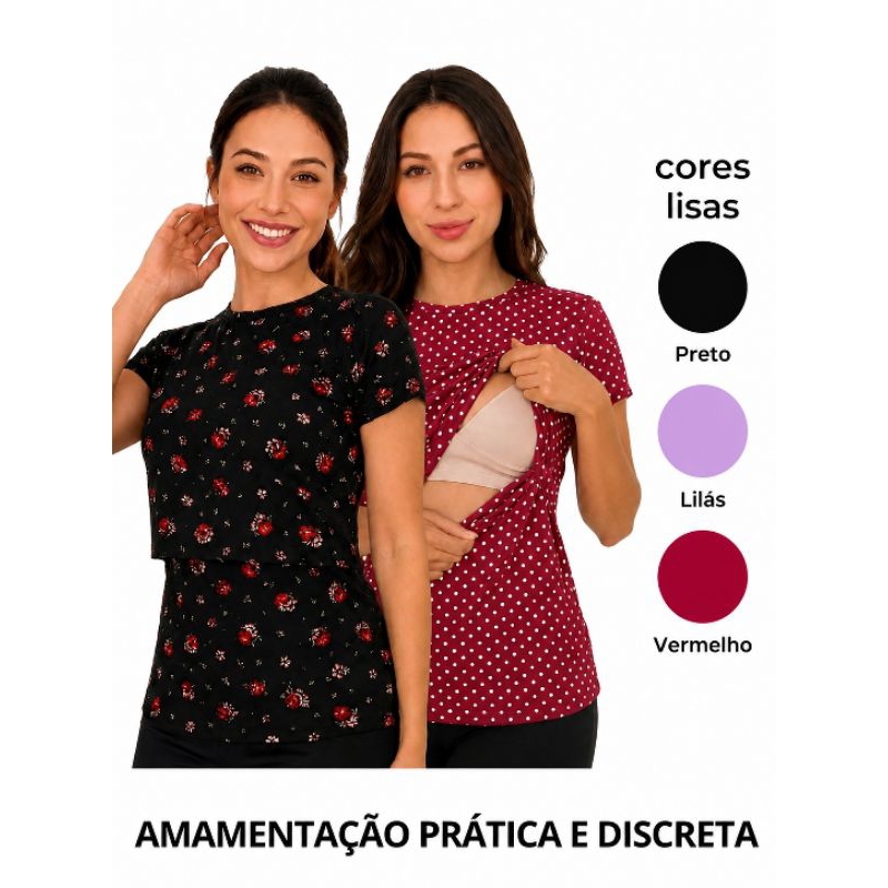 Blusa amamentação manga curta Malha macia com abertura discreta