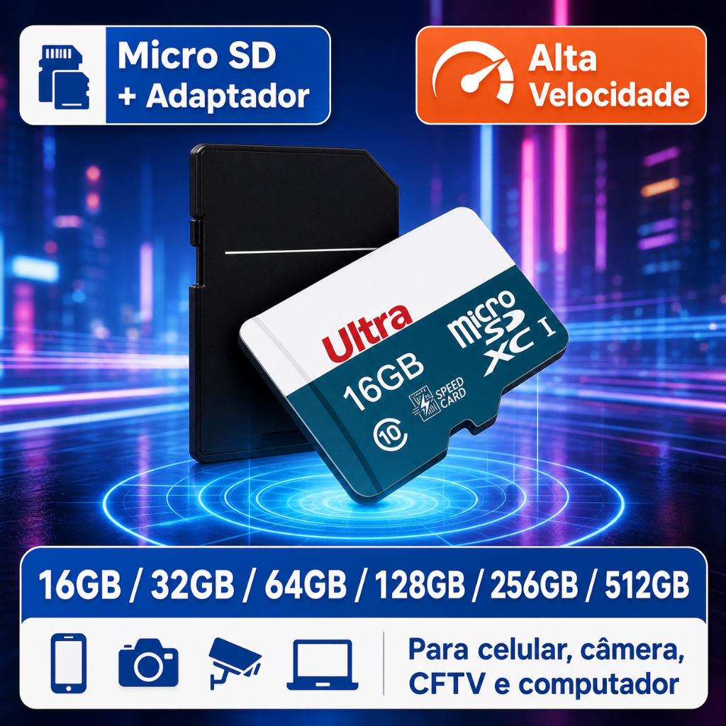 Cartão de Memória Micro SD 16GB 32GB 64GB 128GB 256GB 512GB Velocidade Alta + Adaptador SD