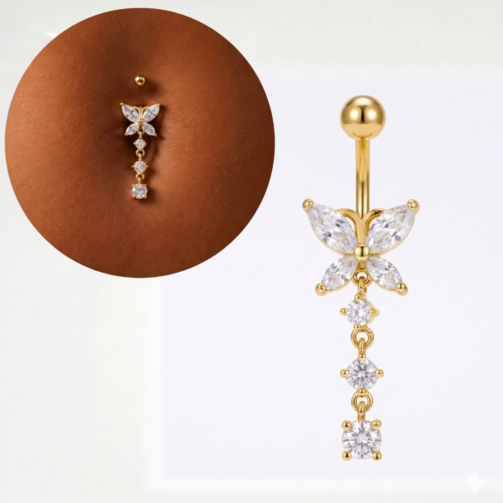 Piercing Umbigo Borboleta Cravejada Zircônias Anti Alérgico Aço Cirúrgico Prata Hipoalergênico