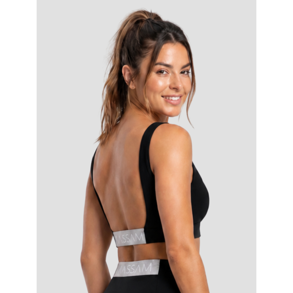 Top Feminino Decote Costa Com Elástico Personalizado Massam Fitness Preto