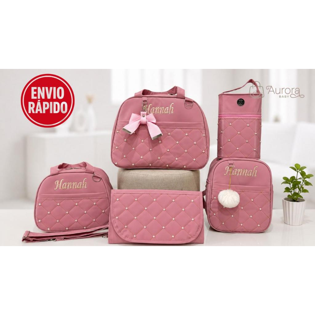 Kit Bolsa Maternidade 5 Peças PERSONALIZADO | Térmico e Impermeável | Coleção Pérola