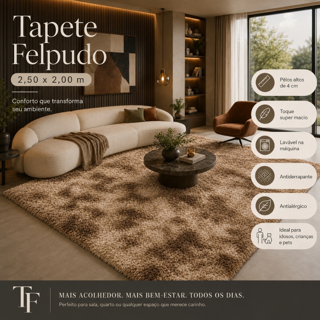 Tapete Shaggy Felpudo Marrom Mesclado 2,50x2,00 Pelo Alto 4cm Antiderrapante Lav