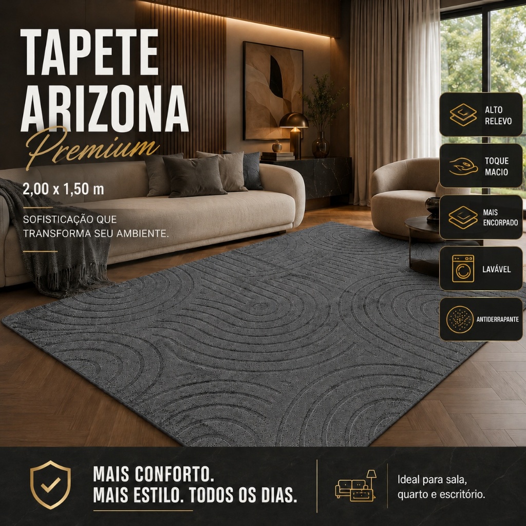Tapete Premium Cinza 2,00x1,50 Sala Quarto Escritório Alto Relevo Macio Antiderr